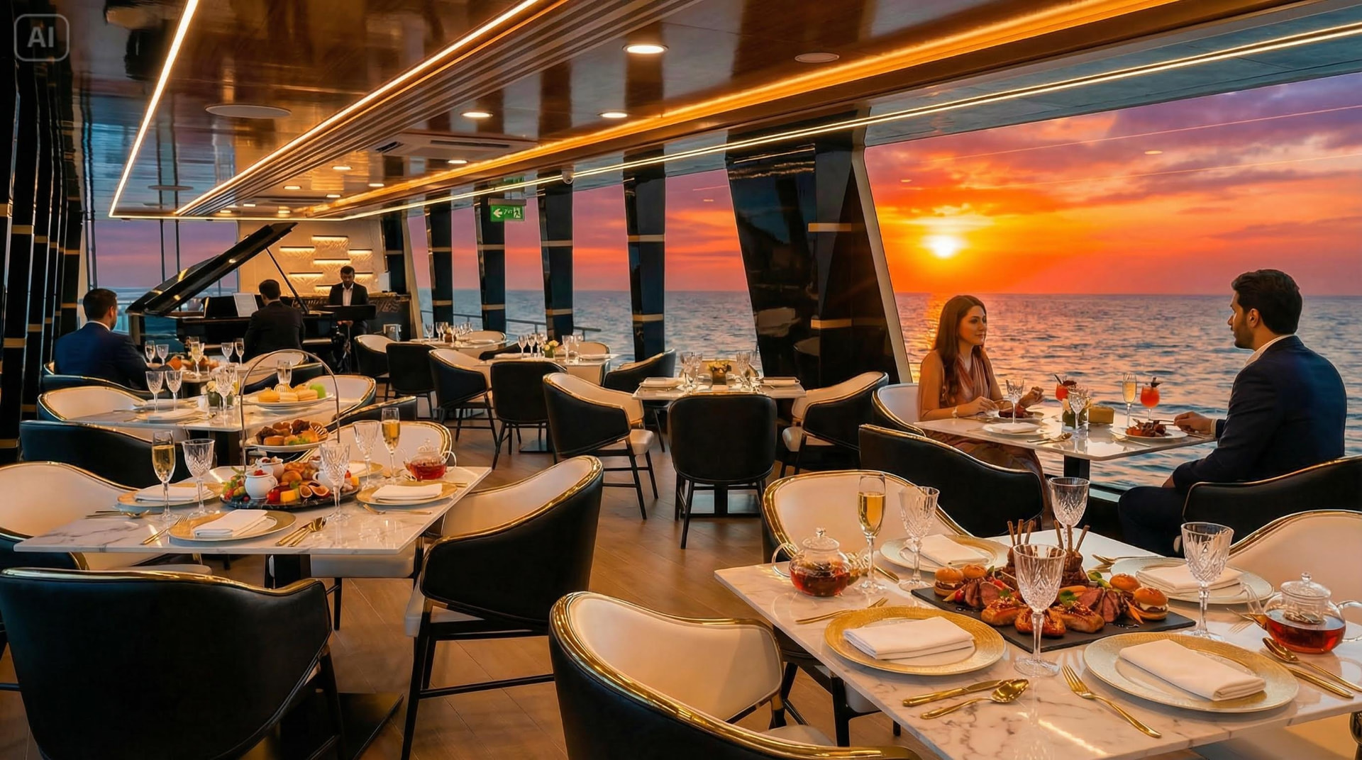 Sunset dining setting on the Élysée by Ramzin floating restaurant