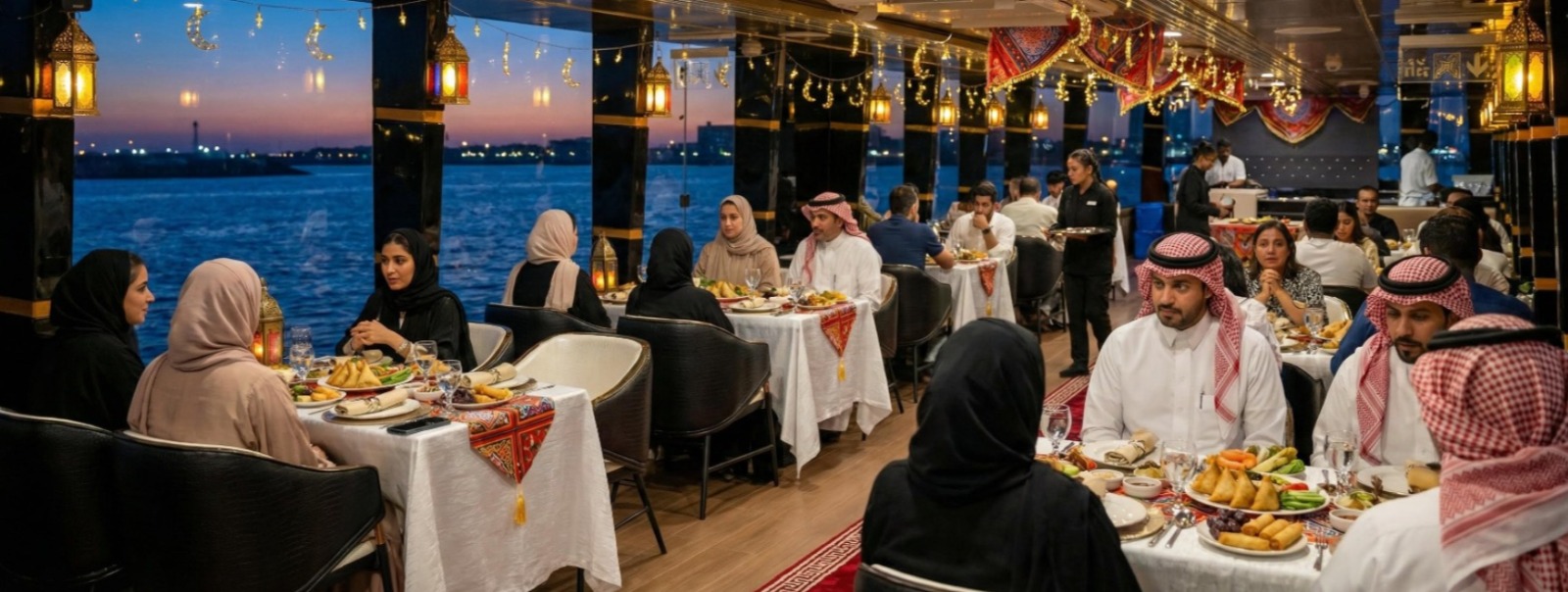 Guests seated for dinner service on board Élysée by Ramzin