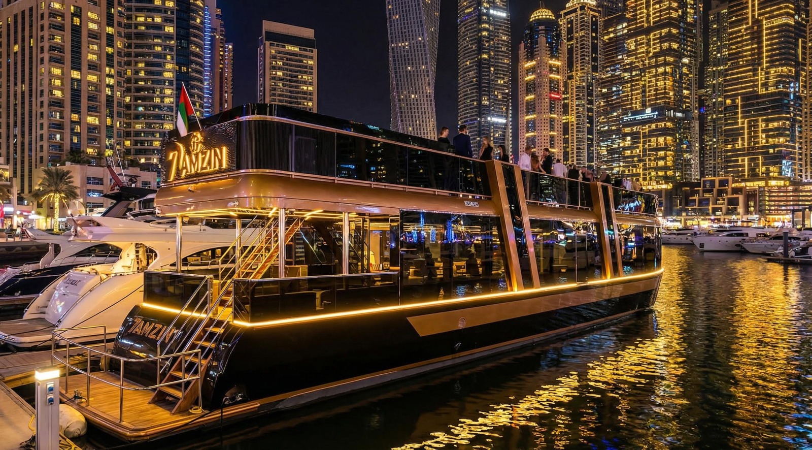 Élysée by Ramzin luxury dinner cruise vessel berthed at Dubai Marina at night