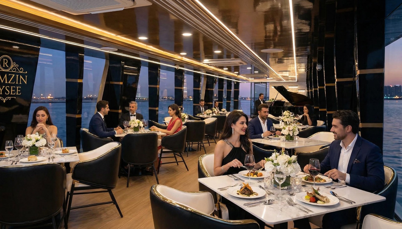 Élysée by Ramzin interior dining saloon with marble tables and Dubai Marina views