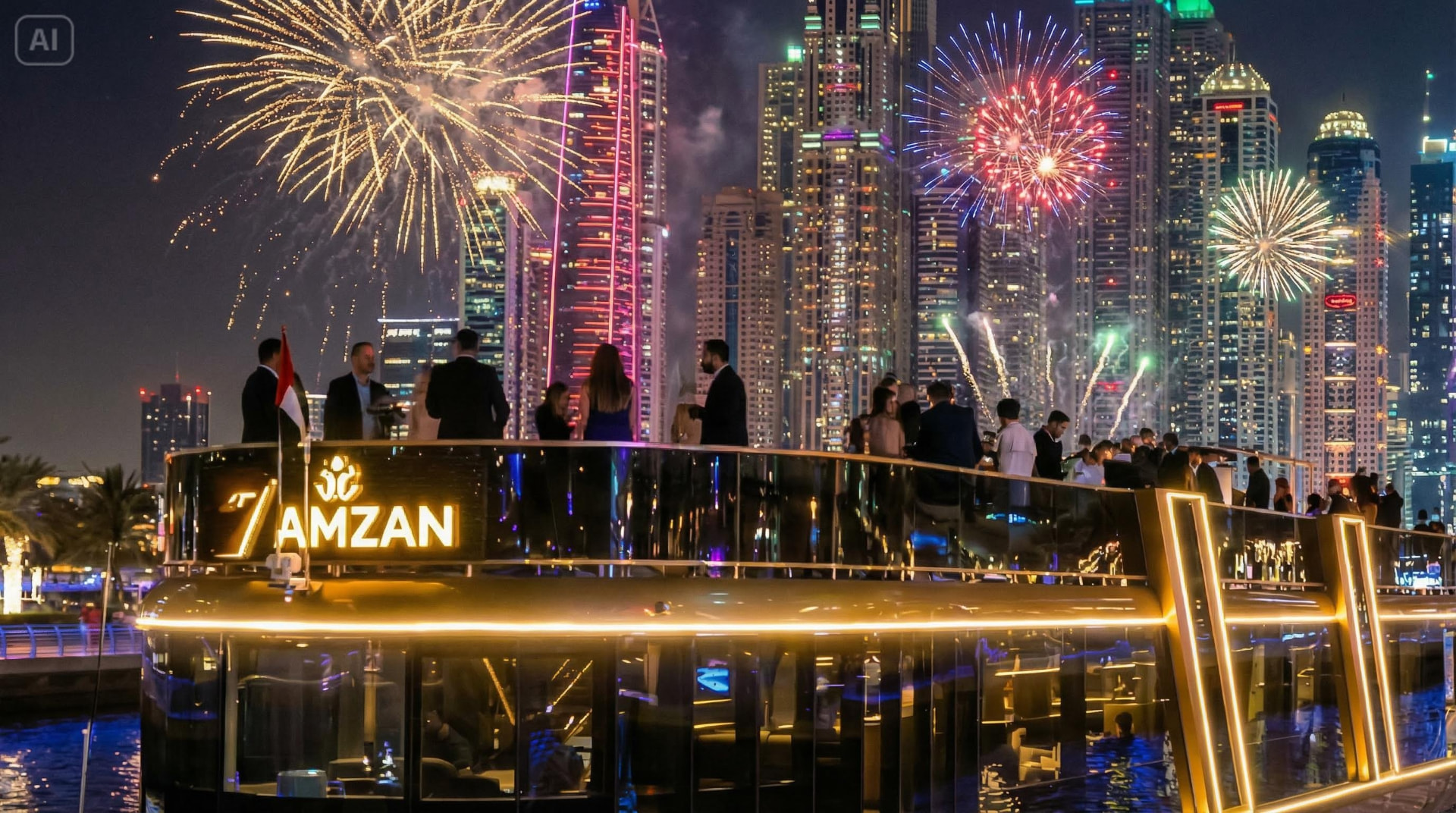 Élysée by Ramzin vessel with Dubai Marina fireworks in the background
