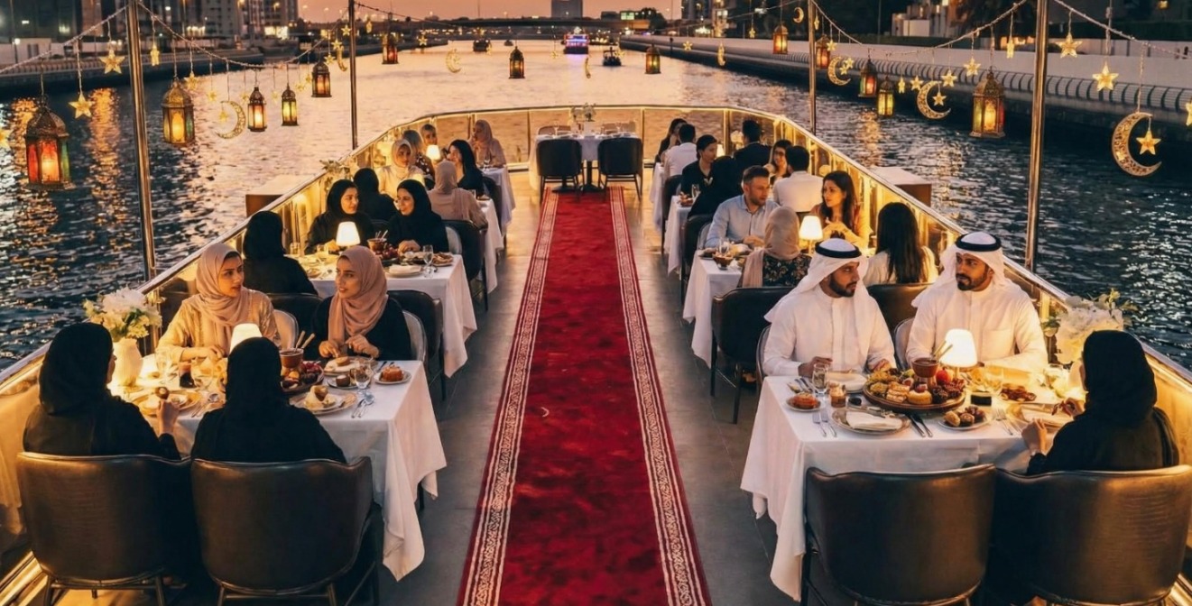 Guests dining on the illuminated deck of the Élysée by Ramzin cruise