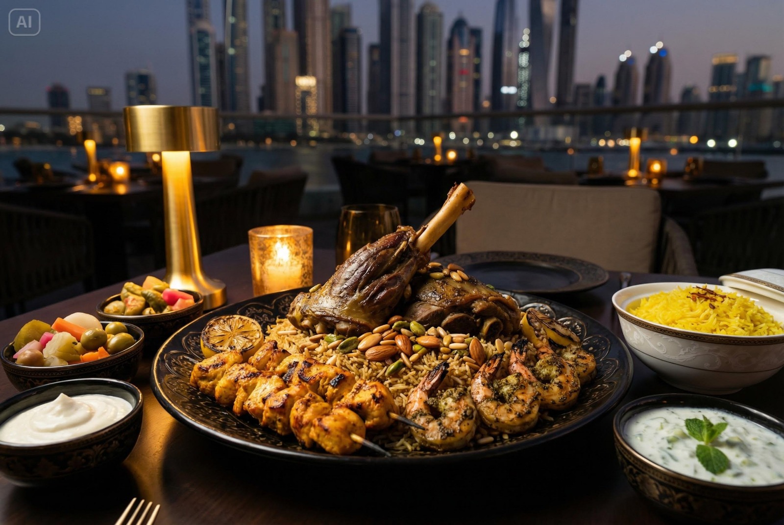 Main course platter served with a Dubai Marina skyline backdrop