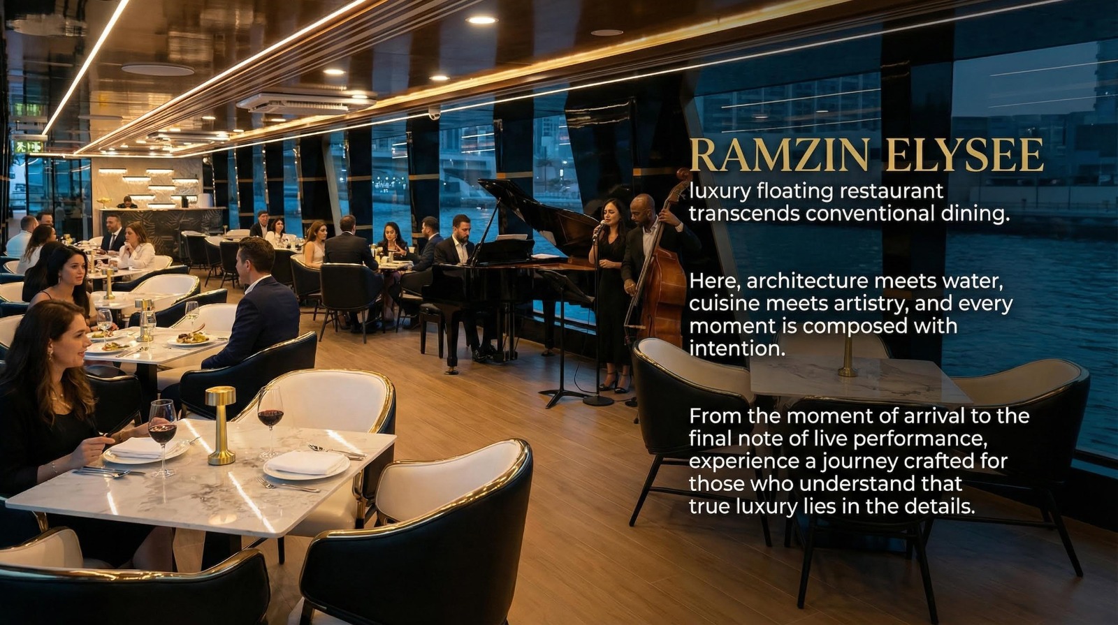 Live piano and vocal performance on board the Élysée by Ramzin dinner cruise