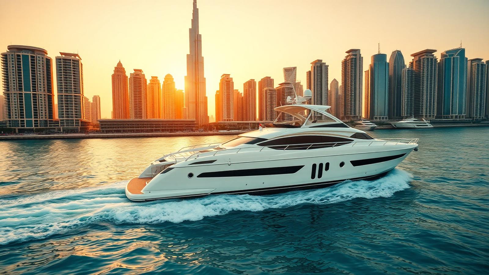 Luxury yacht cruising in Dubai Marina at golden hour with the Dubai skyline