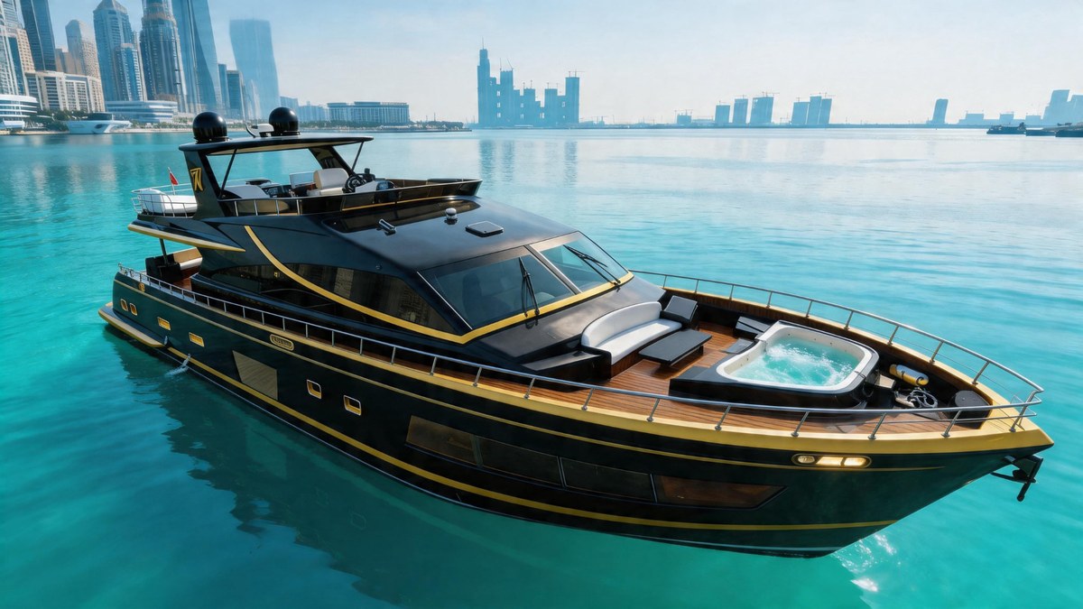 Luxury motor yacht for sale in the UAE cruising off the Arabian Gulf coast Luxury motor yacht for sale in the UAE cruising off the Arabian Gulf coast